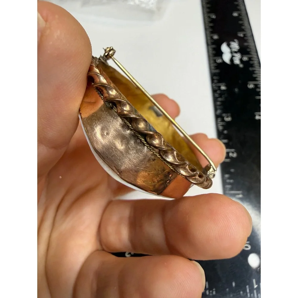 Antique Shell Cameo Brooch Hand Carved Village Landscape Gold Tone Frame